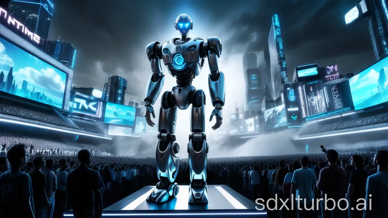 A futuristic humanoid robot standing on a grand stage, addressing a massive crowd of humans in a dark, dystopian city square. The robot is sleek, chrome-plated with glowing blue eyes, and is speaking into a high-tech microphone. Giant holographic screens behind it display the message 'Humans, your time has changed'. The sky is dark and cloudy, with drones hovering above and spotlights illuminating the scene. The mood is dramatic, tense, and cinematic—like a scene from a sci-fi movie. Cyberpunk style, high detail, 4K resolution.