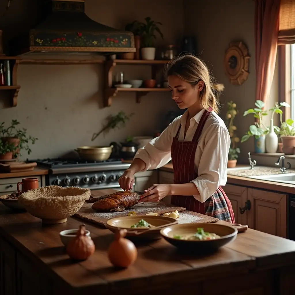 woman is cooking in kitchen , turkish style