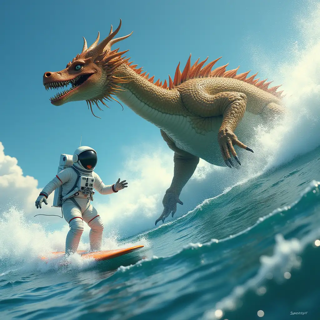 Astronaut surfing along the coast with a sea dragon about to eat him