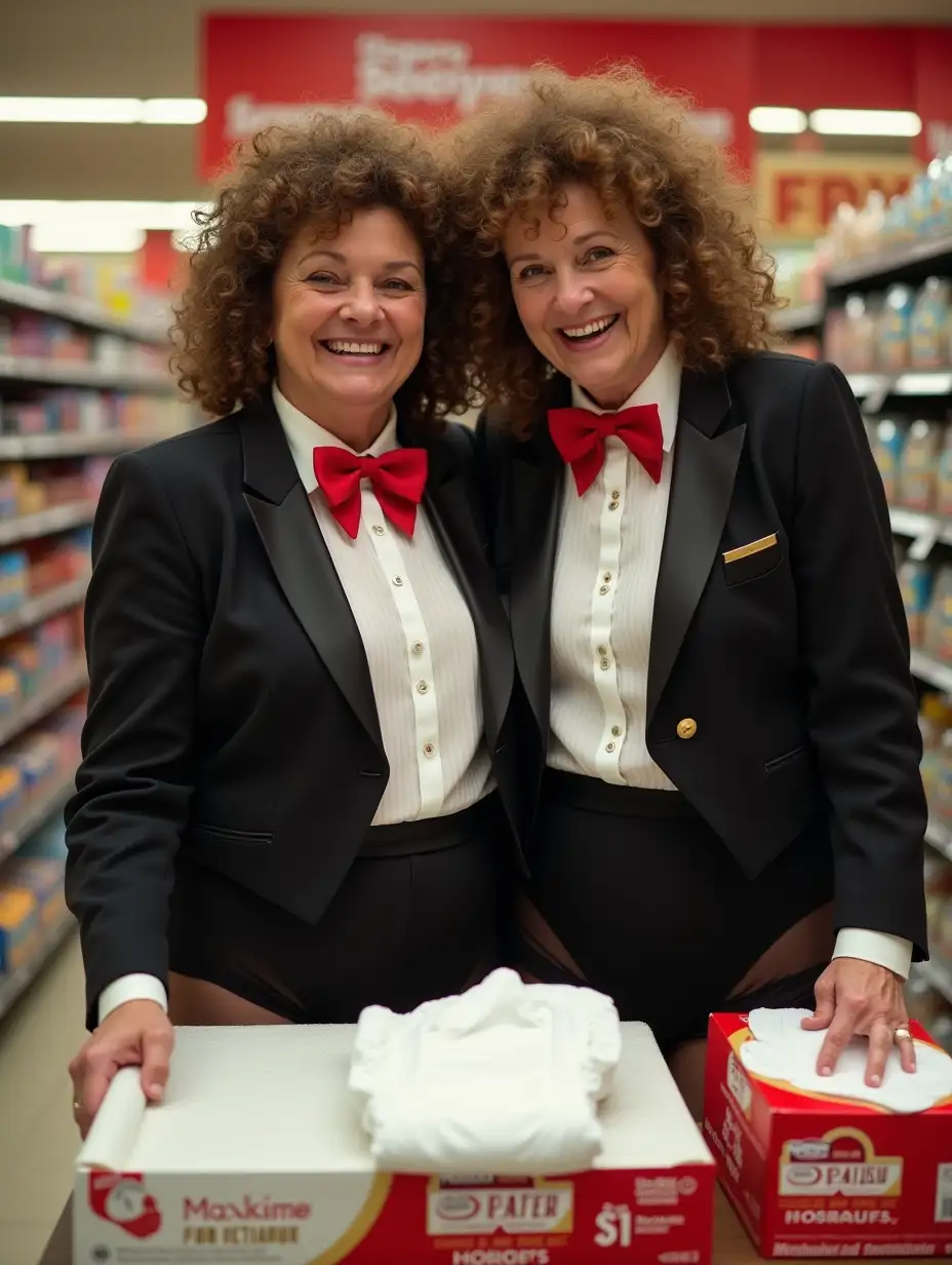 Older-Caucasian-Women-in-Formal-Orchestra-Tuxedo-Holding-Diaper-in-Supermarket-with-Diaper-Derby-Logo