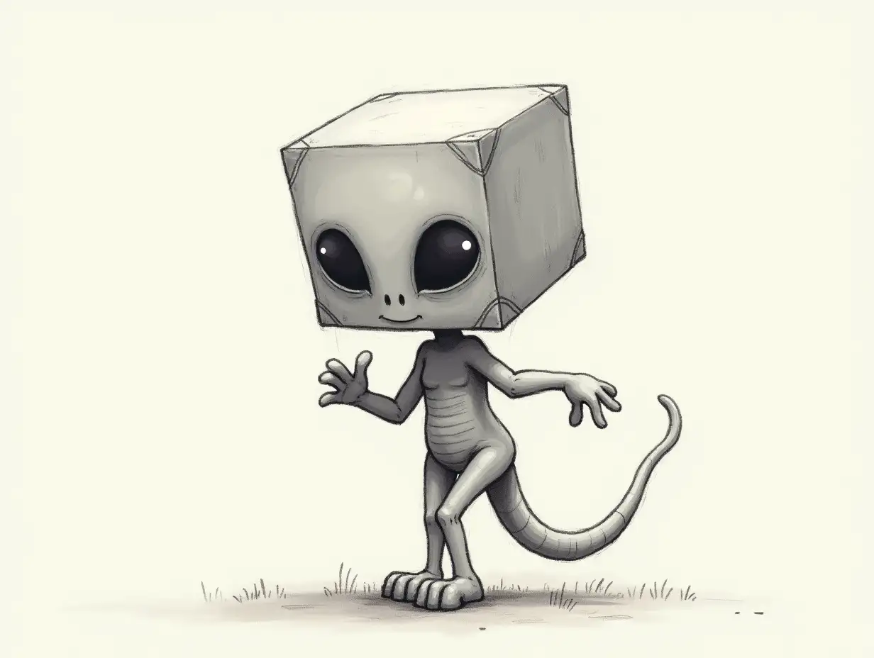 (An) alien created with a cube-like design, full body shot, drawing it in the frame.