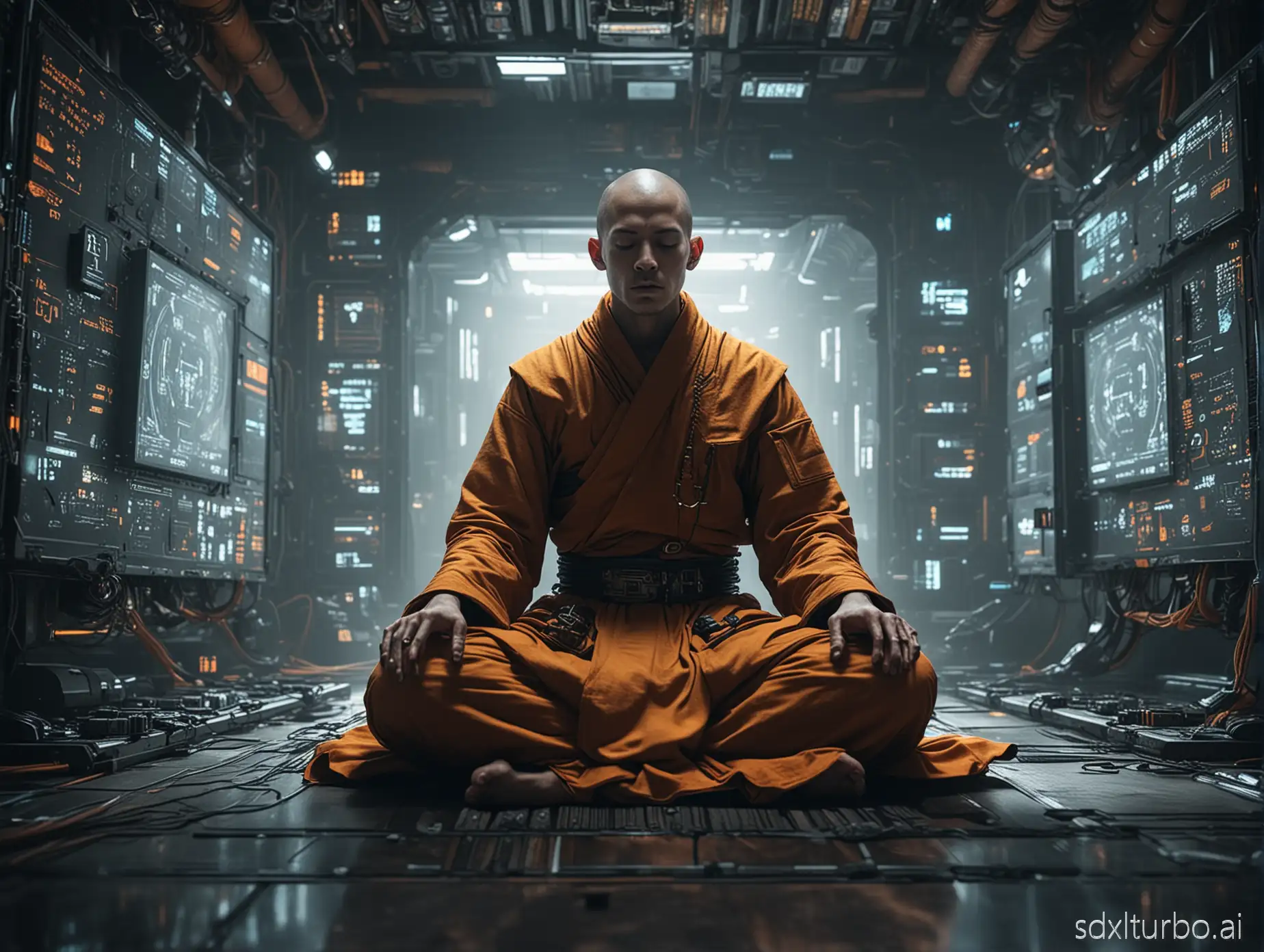 a monk in meditation position sitting floating  , he is half human, half robot, he is in meditative position, flying, cybernetic, cyberpunk, multiple monitors around
ultraquality, 8k, Shot in a EOS 5d Max f2.5