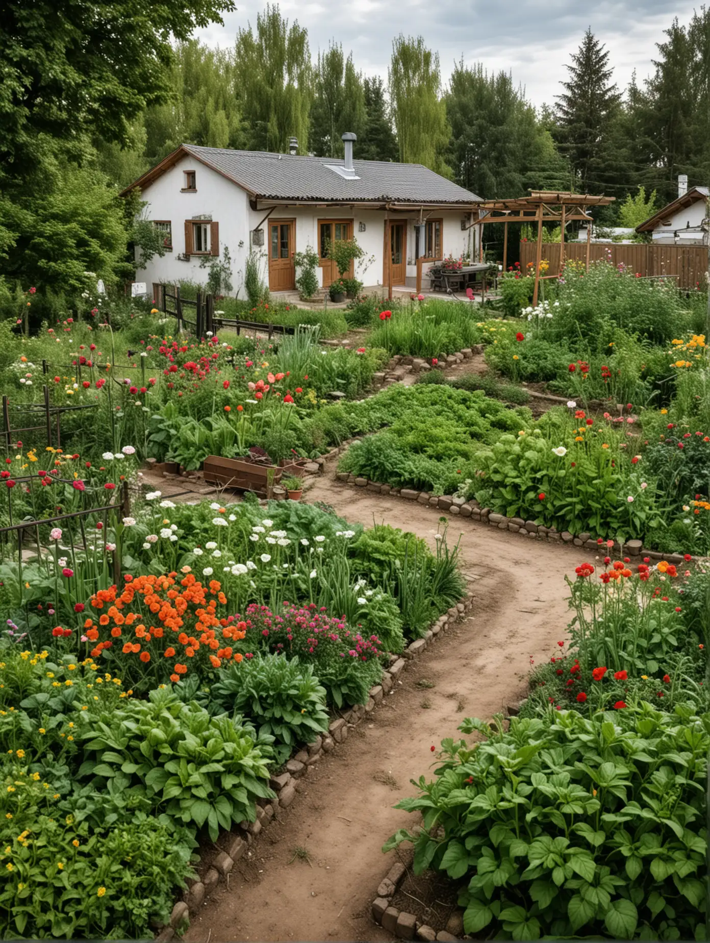 Rural house with yard, Modern style house, There is a vegetable patch in the yard, flowers