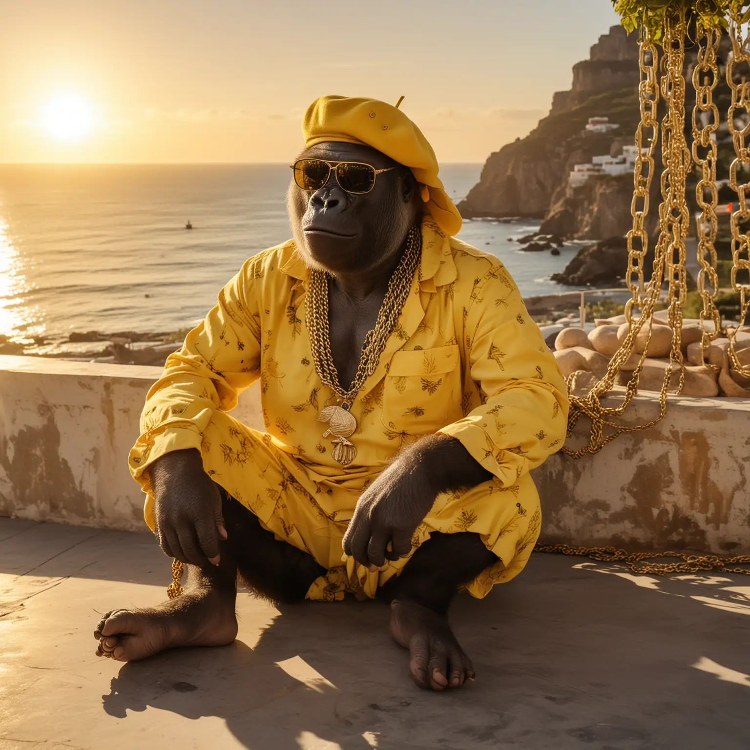 Chillout Gorilla in Yellow Hawaiian Military Attire at Ibiza Sunset