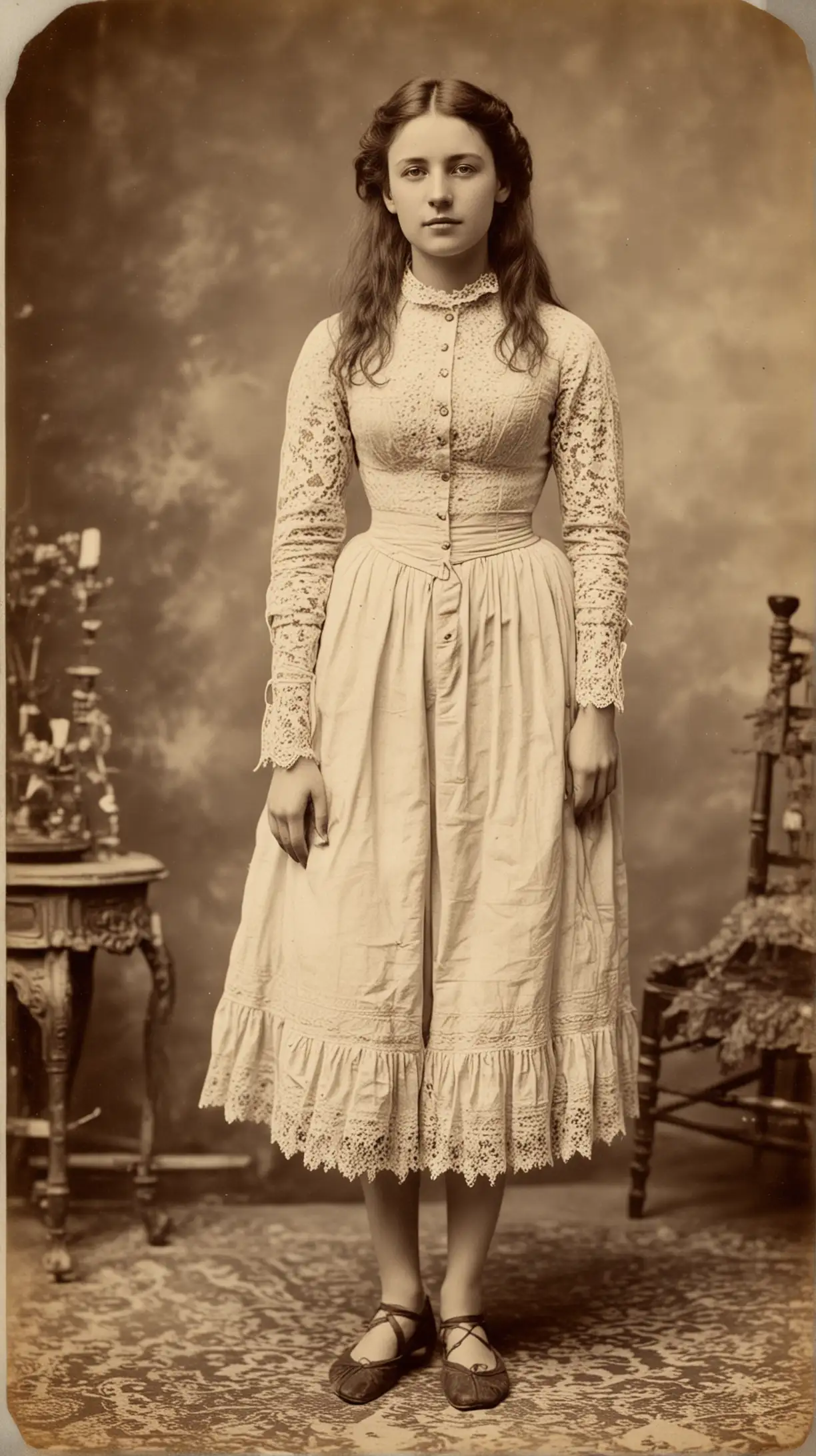 a beautiful 25 year old female country woman from France, carte de visite, 1890, standing with bare feet, wearing lace