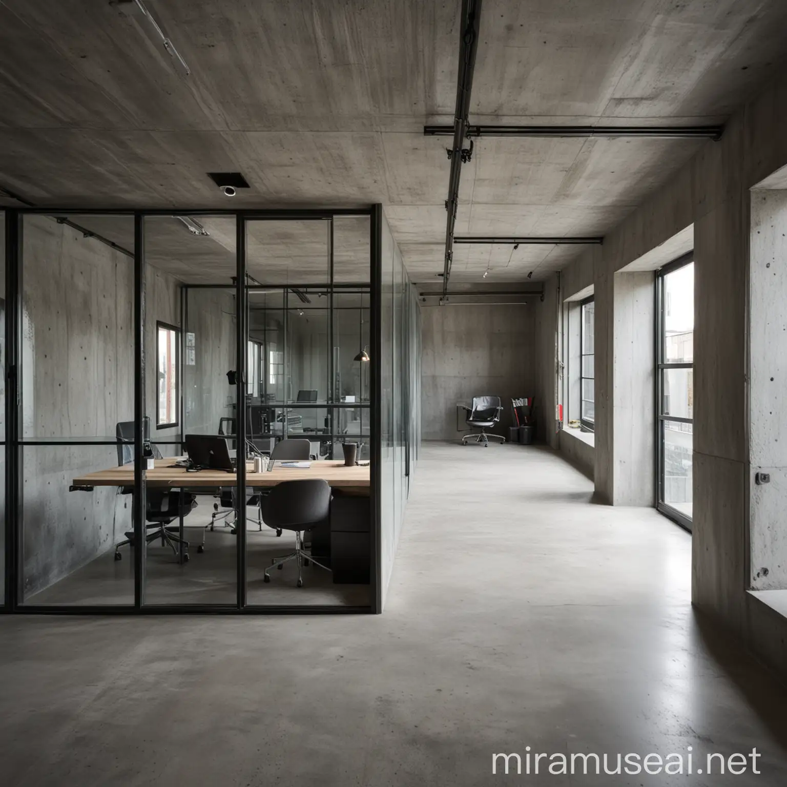 Modern Industrial Office Interior with Glass and Concrete Elements