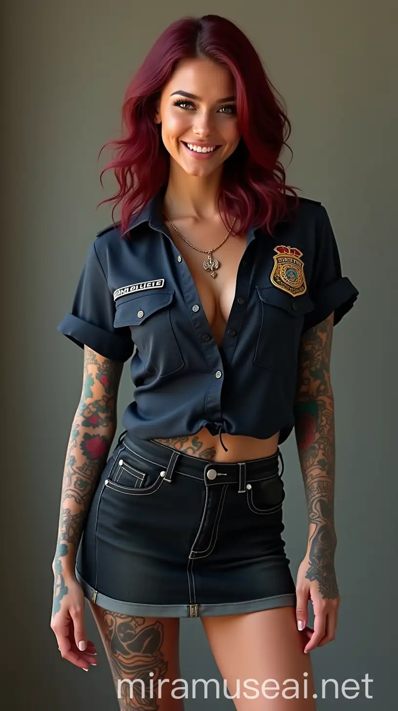 Beautiful 30YearOld Woman Smiling in Cosplay Police Woman Outfit with Colorful Tattoos