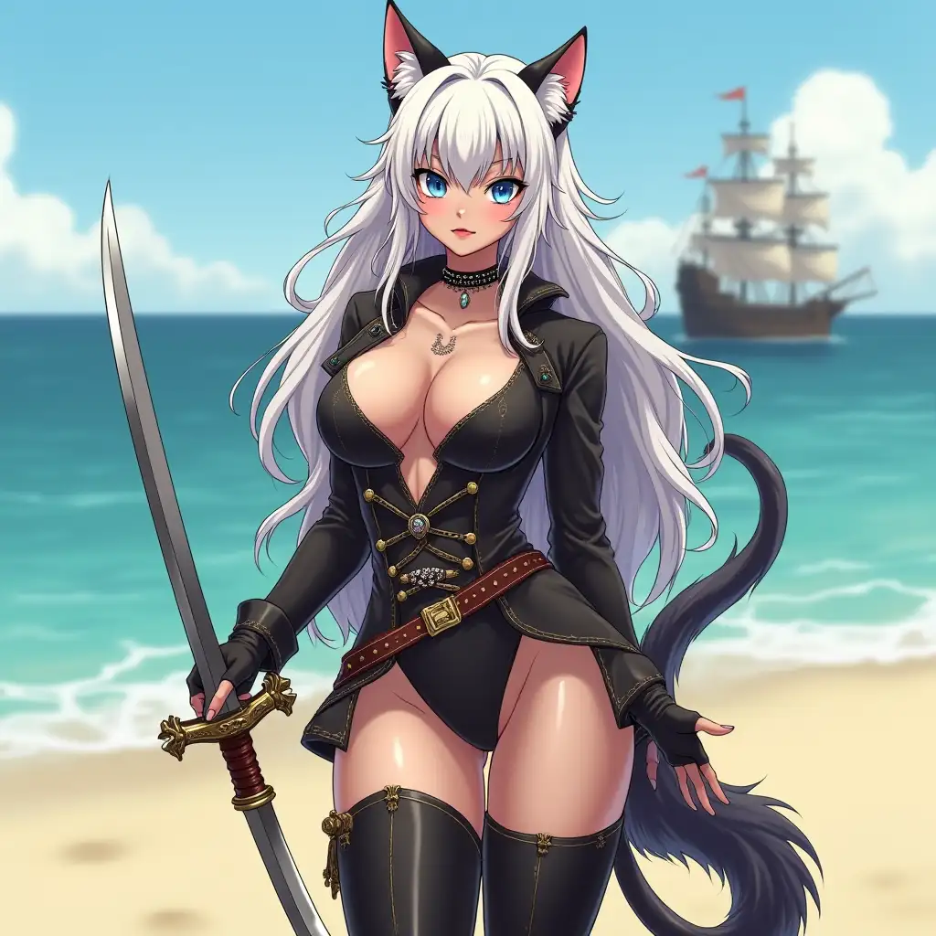 A mature adult feline/woman dressed as a pirate with a sword on a beach.  A pirate ship in the background. Her 30-something years are disguised by her youthful facial features, except for her subtle wrinkles around the eyes, extremely slender body. Her ample bosom strains against her clothing, threatening to burst free from the fabric, extreme cleavage.  Wearing black thigh high pirate boots. She has piercing blue cat eyes. A choker adorns her neck, a subtle hint at her feline nature. Her long, white hair cascades down her back like a wild waterfall, tangled and disheveled. Her cat-like teeth glint in the light, as her white fur-lined ears punctuate her visage with sparkling black and gold earring adorns each ear, adding a touch of elegance to her feline features. Cat whiskers on her face. The attached tail at the base of her spine stirs lazily.  Long fingernails. Full body view. Anime.