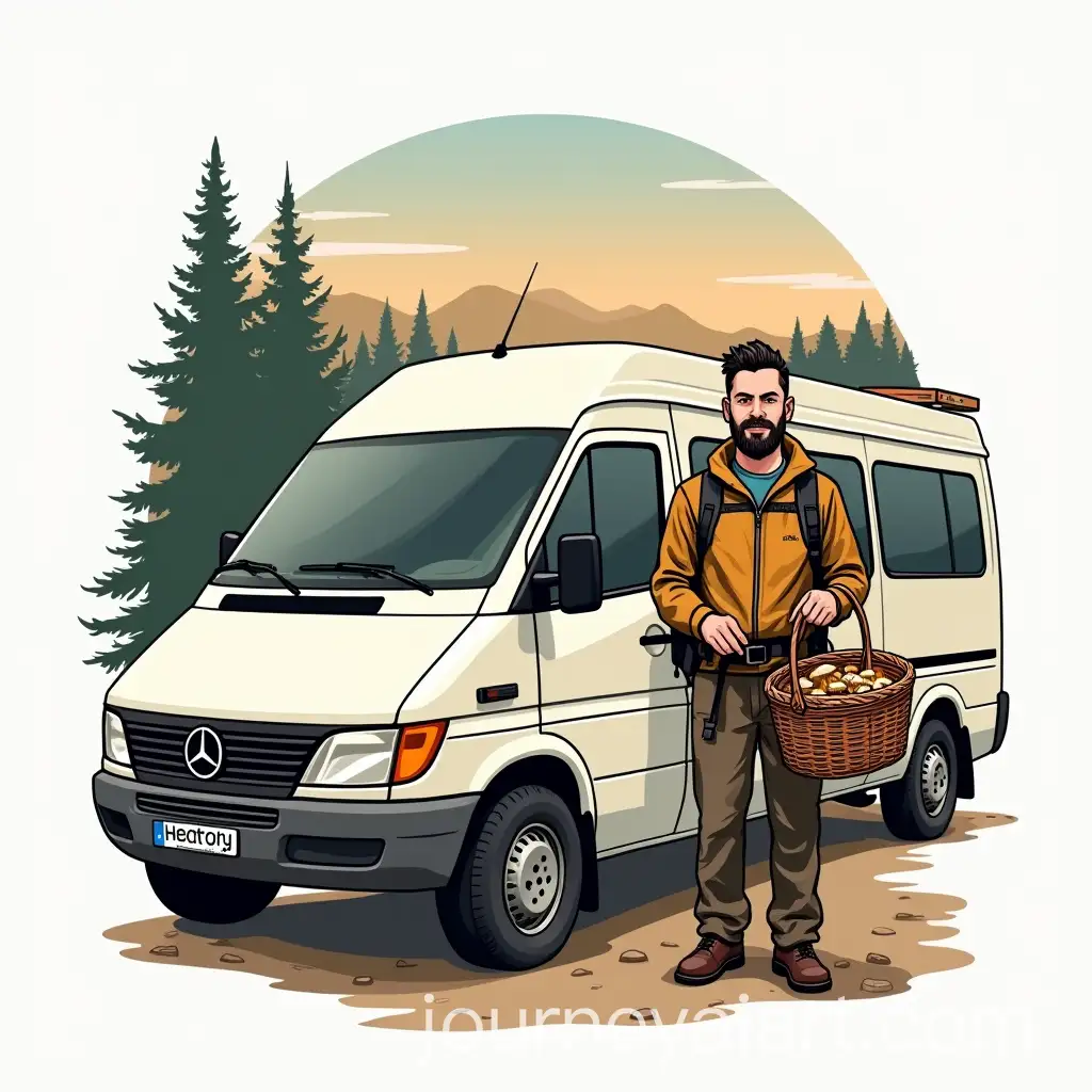 Canarys-Resort-Logo-White-2002-Mercedes-Vito-112-Westfalia-Van-and-Man-with-Basket-of-Boletus-Edulis