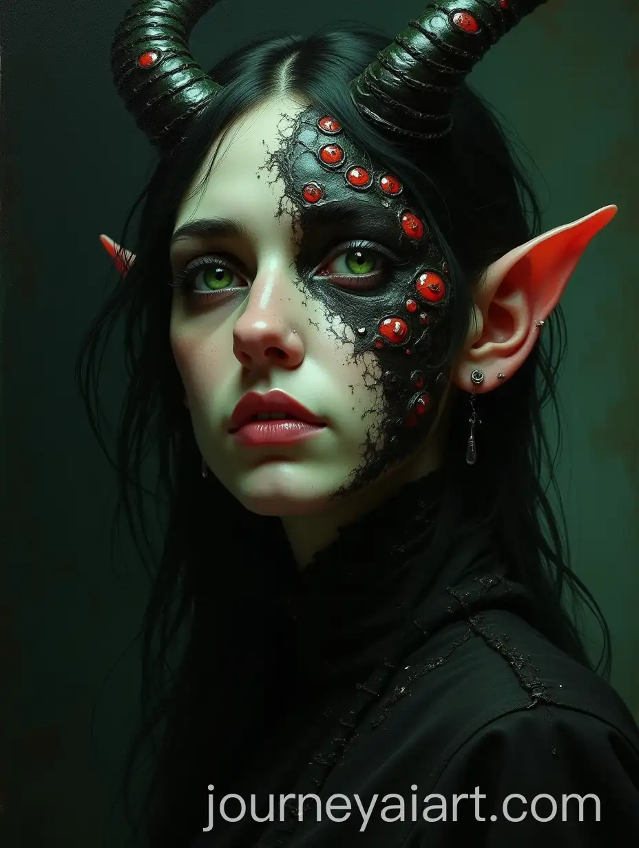 Tiefling-Elf-with-Corrupted-Venom-Skin-and-Green-Tears-in-Dark-Setting