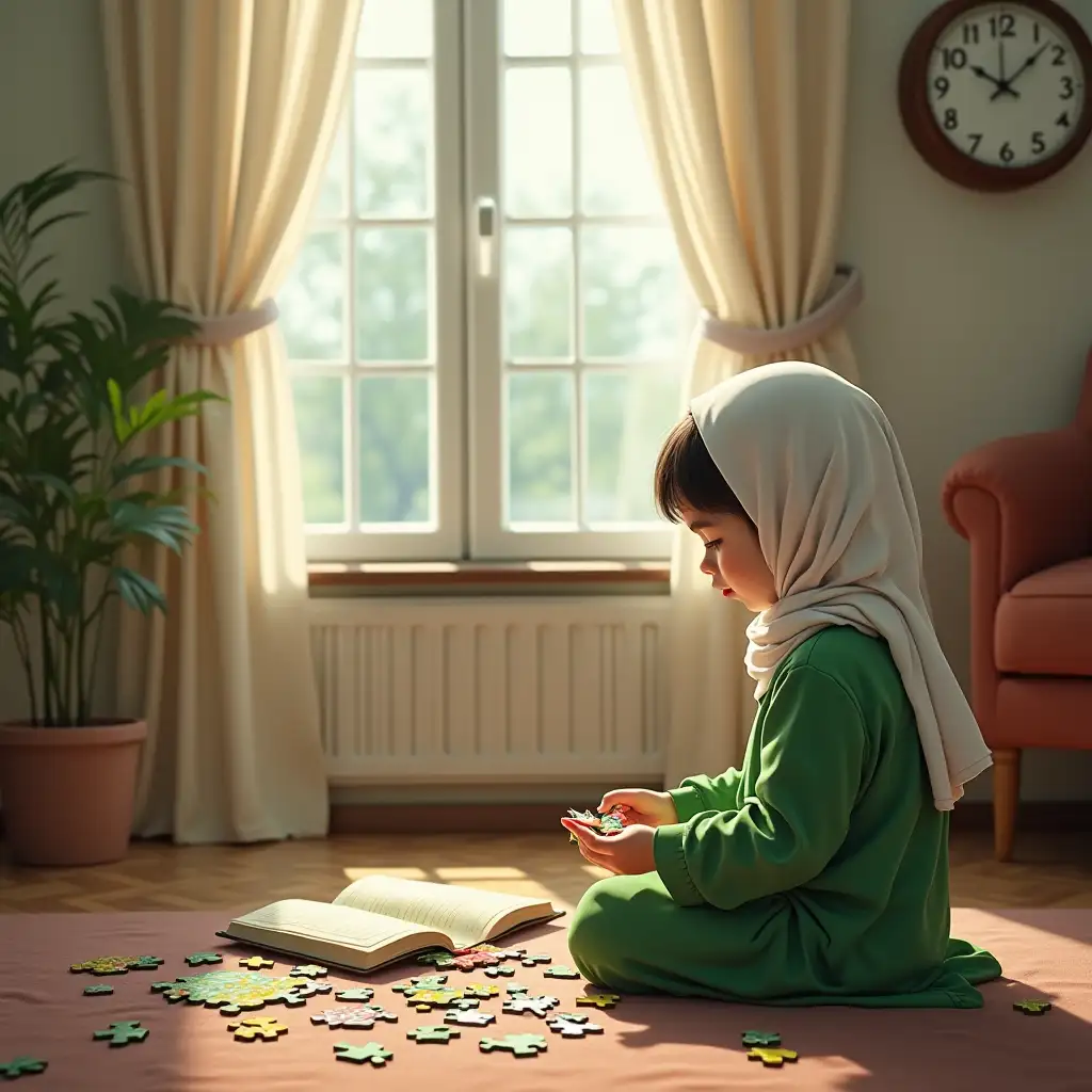 A 7-year-old girl with a hijab and green dress is sitting on the living room floor playing puzzle. Next to her, there's an open Islamic storybook. The wall clock shows 2 PM. The background displays a window with fluttering curtains due to wind.