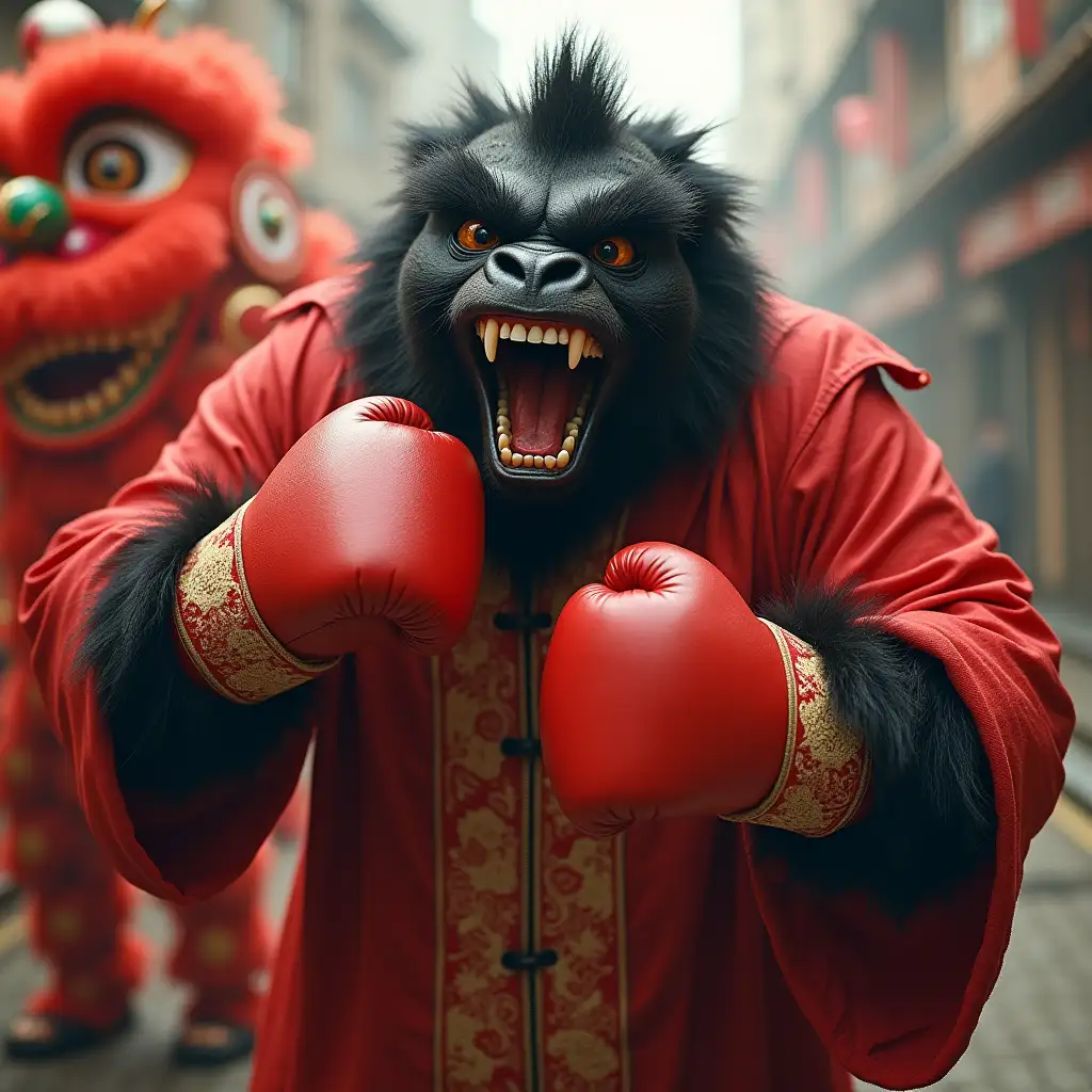 a black kingkong with a creepy face roared wearing Chinese clothes and boxing gloves and on top was a lion dance.