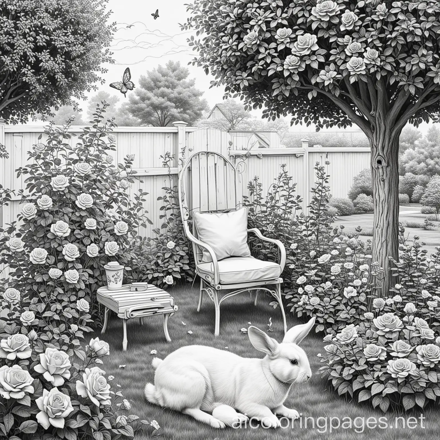 Garden-Scene-with-Rabbit-Rose-and-Ball-Coloring-Page