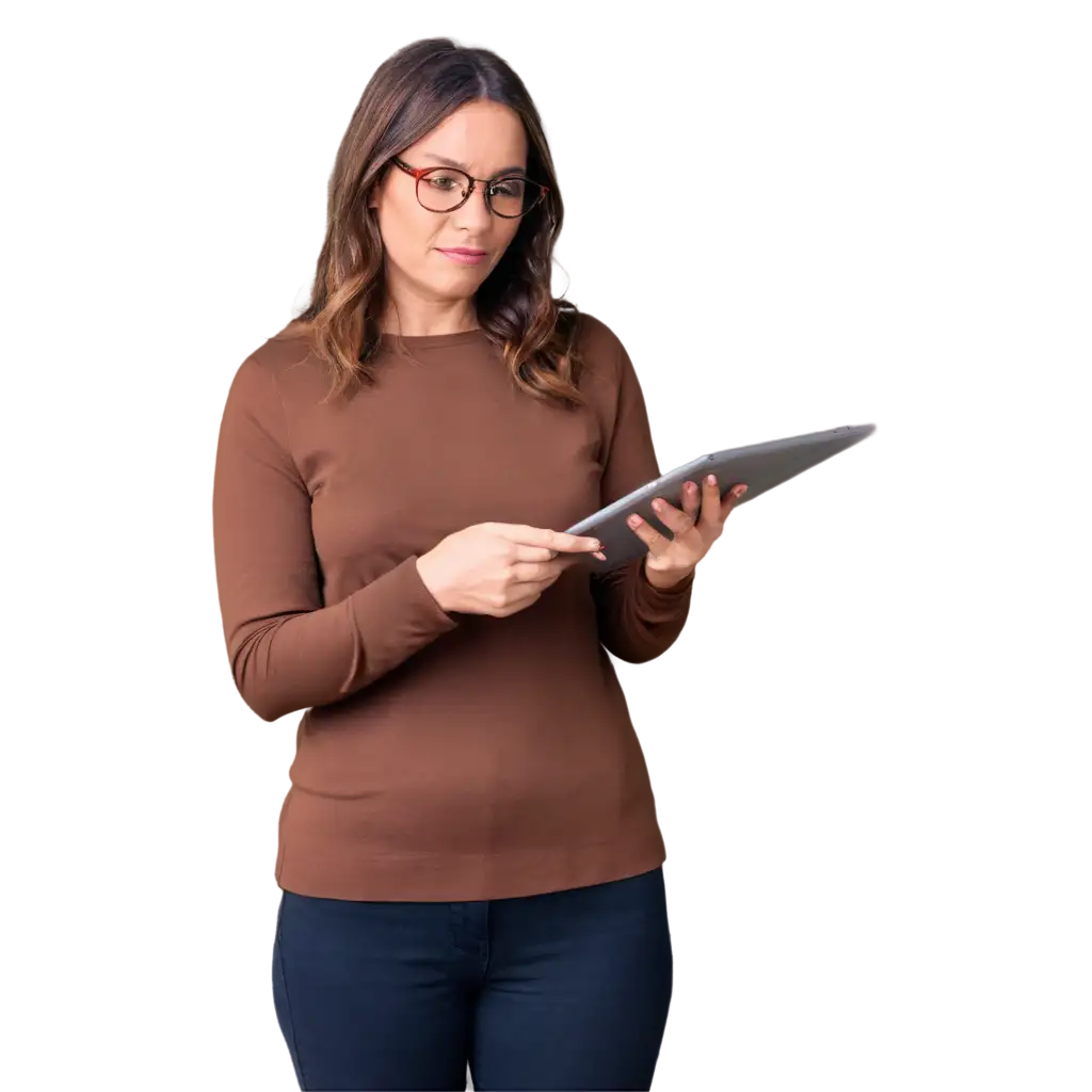 Woman-with-Glasses-Reading-on-a-Tablet-HighQuality-PNG-Image