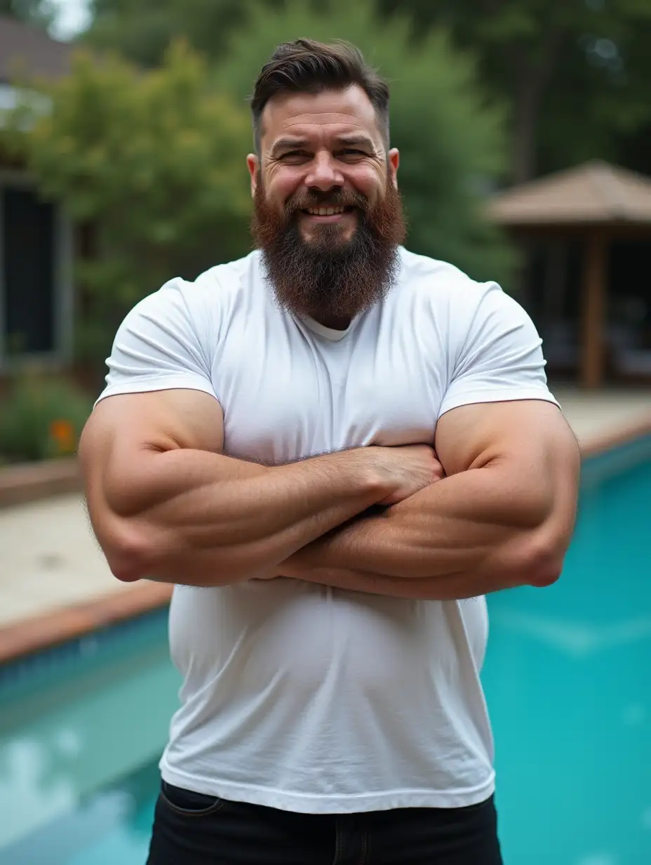 Confident Muscular Man in Drenched TShirt by the Pool