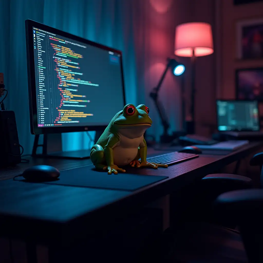 Programmer's workstation view from first person, big dark desk, on the table is one laptop with development code on the screen, next to it a computer mouse, also on the table sits a very funny frog from meme, many neon and dark tones.