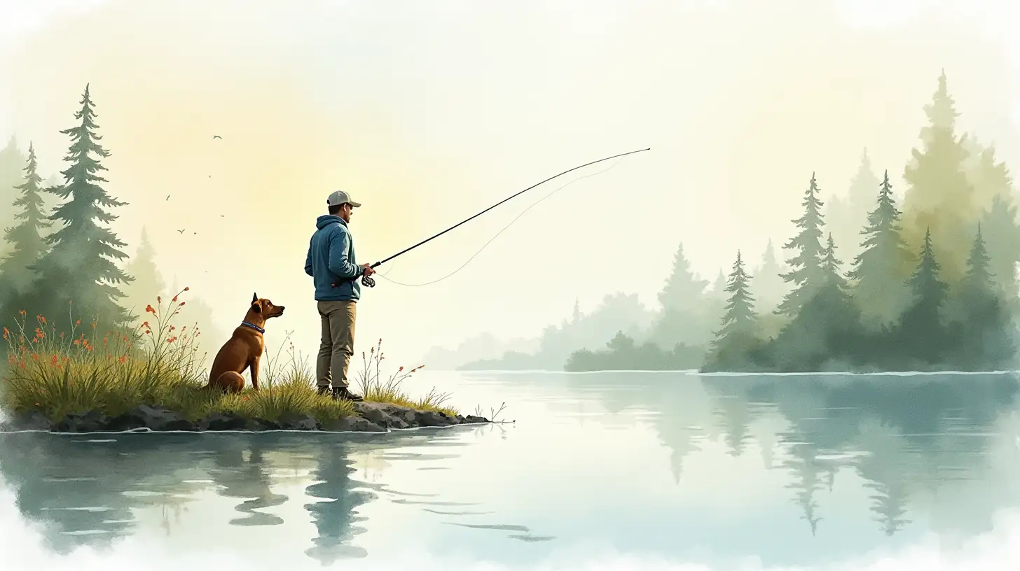 Watercolor Painting of a Man Fly Fishing by the River with a Watchful Dog