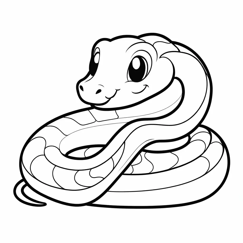 happy cute snake smiling coloring page for toddlers, Coloring Page, black and white, line art, white background, Simplicity, Ample White Space. The background of the coloring page is plain white to make it easy for young children to color within the lines. The outlines of all the subjects are easy to distinguish, making it simple for kids to color without too much difficulty