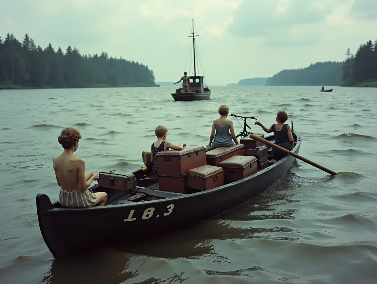 user_prompt: Color, Germany, Summer, 1945, wide river Elbe, no bridge, very strong storm, extremely high waves, shore only forest in the background, rowboat in the foreground, loaded, extremely low in the water, many suitcases and 1 bicycle piled in the rowboat, three women sitting in the rowboat, back view, and two small blond boys aged 10 years sit on the suitcases, these boys are rowing with a wooden board, all persons very anxious and excited, rowboat lies very low in the water, high waves, 1 man in the water holds onto the stern of the rowboat, only 1 old military boat with 1 British soldier in the background is heading towards the rowboat, no other boats, no other people in the water