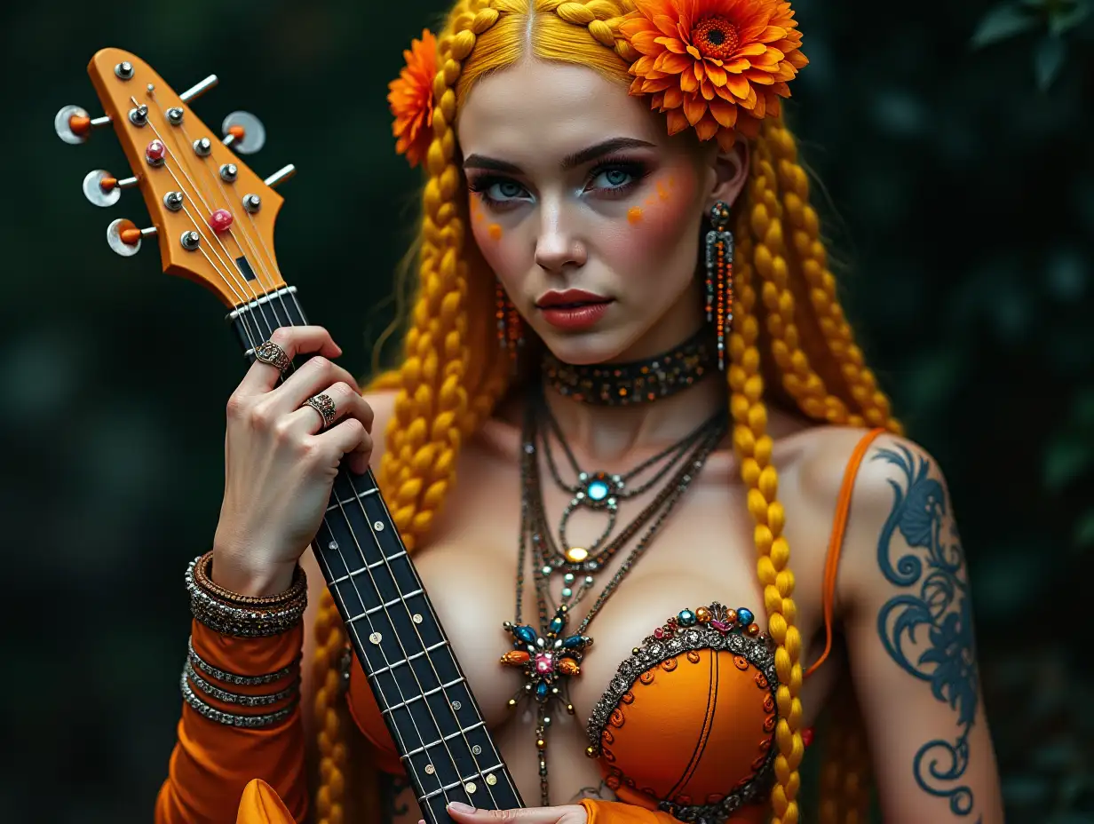 user_prompt: Hyperrealistic representation of a beautiful white woman with a -tattoo, futuristic long orange-yellow braided hair and laced boots, holding E-guitar flowers and wearing elaborately detailed, colorful and futuristic jewelry. Background blurred, black 120-mm shot