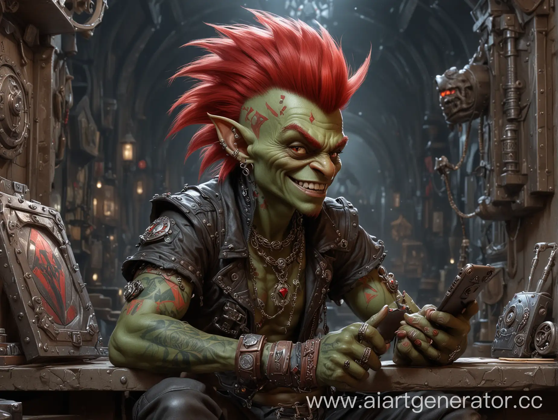 A young rich, thief punk-rocker goblin trader in a diamond vault, with a red mohawk, tattoos, and a mischievous grin, styled like Blizzard's Warcraft art, in the style of Greg Rutkowski and Brom, with intricate details, sitting engrossed in the phone. 


Параметры:
seed: 9722105529, steps: 30, width: 1024, height: 1024, style: realism, scale: 6.3, v_model: v3

Параметры:
seed: 9722105529, steps: 30, width: 1024, height: 1024, style: realism, scale: 6.3, v_model: v3