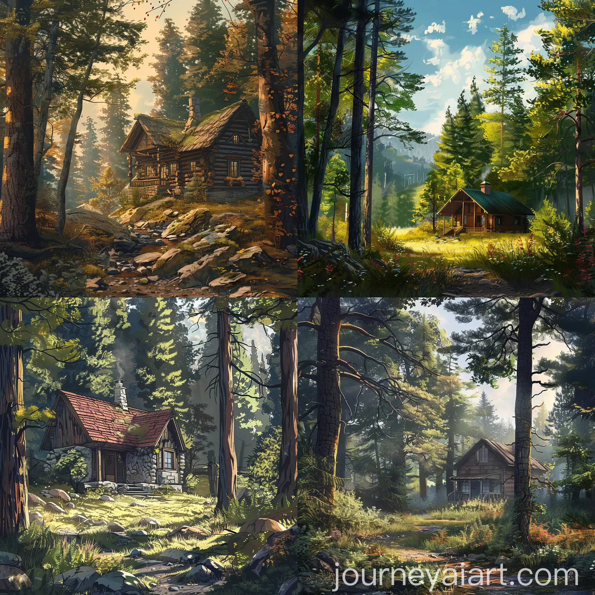 Tranquil-Cabin-in-Woods-Serene-Daytime-Nature-Landscape-Digital-Illustration