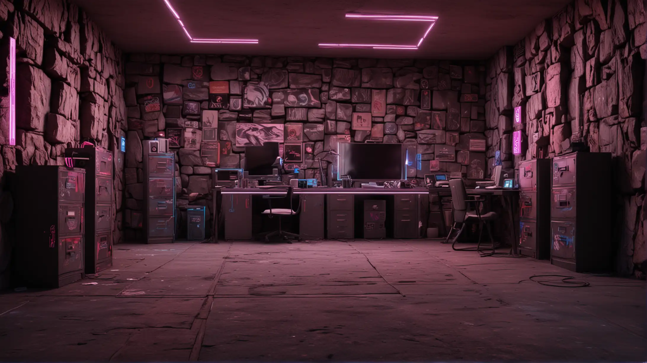 HyperRealistic Cyberpunk Personal Room with Neon Lighting and Rock Walls