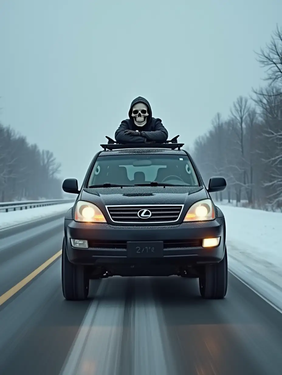 A skull is driving a black 2006 Lexus GX470 on the highway in winter