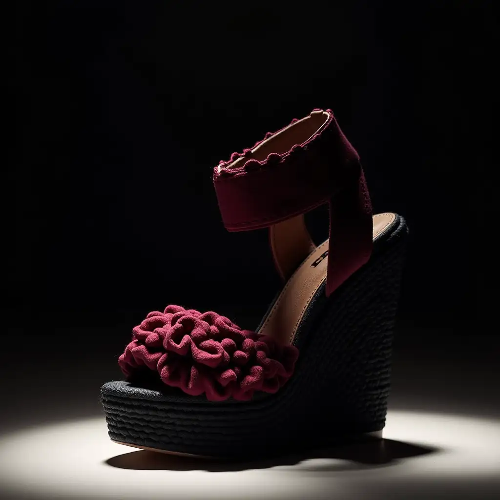 A contemporary crochet wedge sandal featuring a striking combination of black and burgundy. The wedge sole is wrapped in a sleek black crochet layer, giving it a bold and modern look, while the upper has structured burgundy ruffles with a sculptural effect. The ankle strap is designed with a subtle metallic sheen, adding a refined touch. The lighting is dramatic, with a soft spotlight creating a high-end, editorial-style fashion shot.