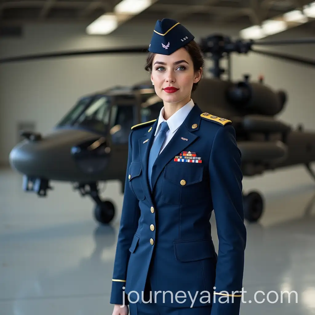 Russian-Female-US-Air-Force-Captain-in-Military-Uniform-Standing-Next-to-AH64D-Apache-Helicopter-in-Aircraft-Hangar