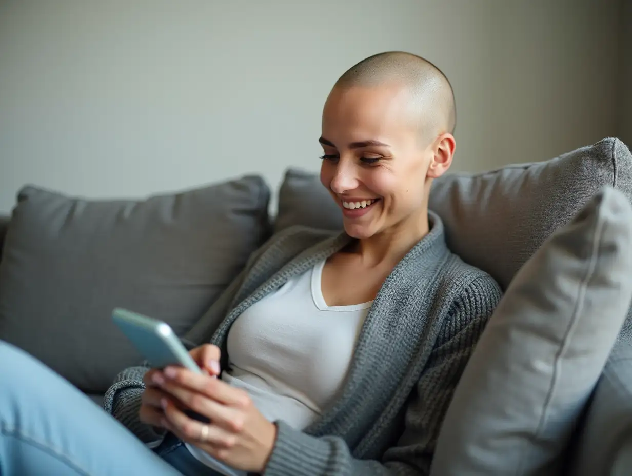 Relaxed young bald after chemotherapy woman sitting on couch, enjoying holding cellphone, web surfing information about cancer treatment, communicating distantly with doctor or using funny apps.