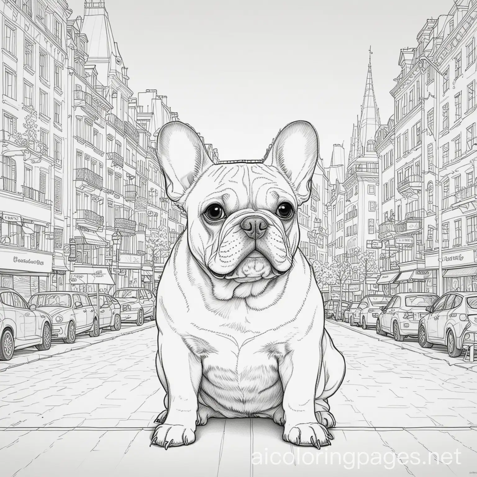 French bulldog in the city, Coloring Page, black and white, line art, white background, Simplicity, Ample White Space. The background of the coloring page is plain white to make it easy for young children to color within the lines. The outlines of all the subjects are easy to distinguish, making it simple for kids to color without too much difficulty