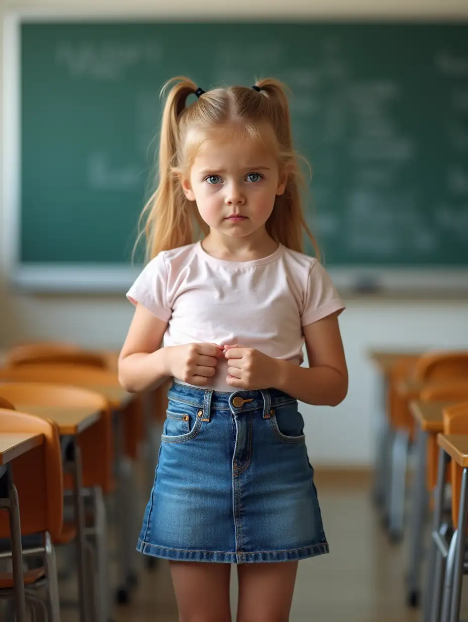 Adorable little girl standing in an empty classroom. Nervously clutching the waistband of her tight denim miniskirt. She has a worried expression. Legs visible.