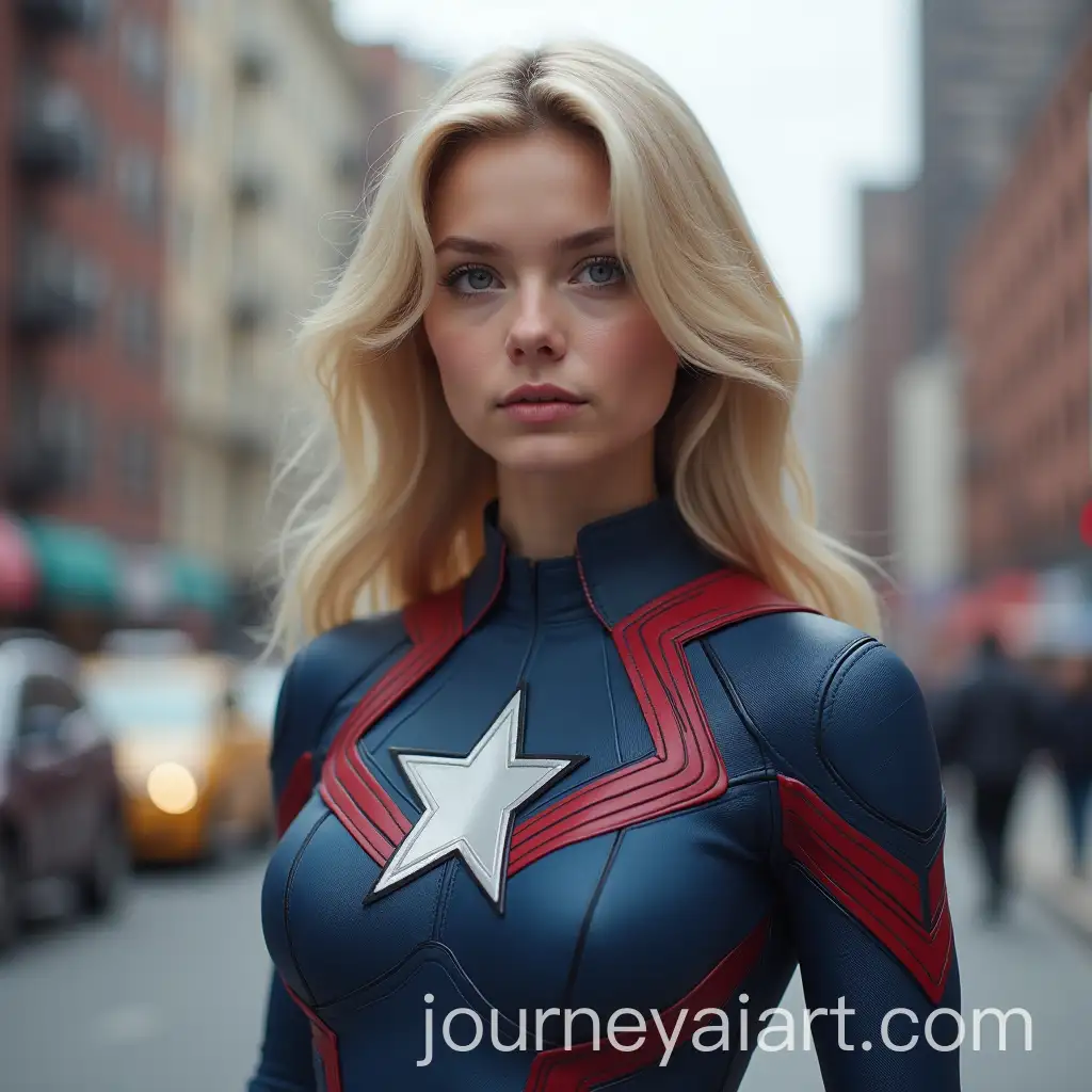 Young-Female-Superhero-in-BlueGray-Suit-with-Red-Accents-in-New-York-City