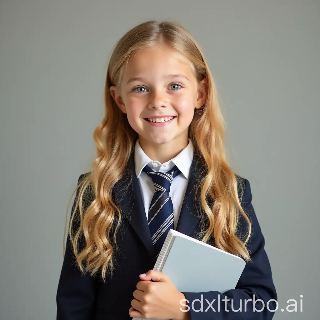 Smiling-10YearOld-Girl-with-Long-Blond-Wavy-Hair-and-English-Classbook