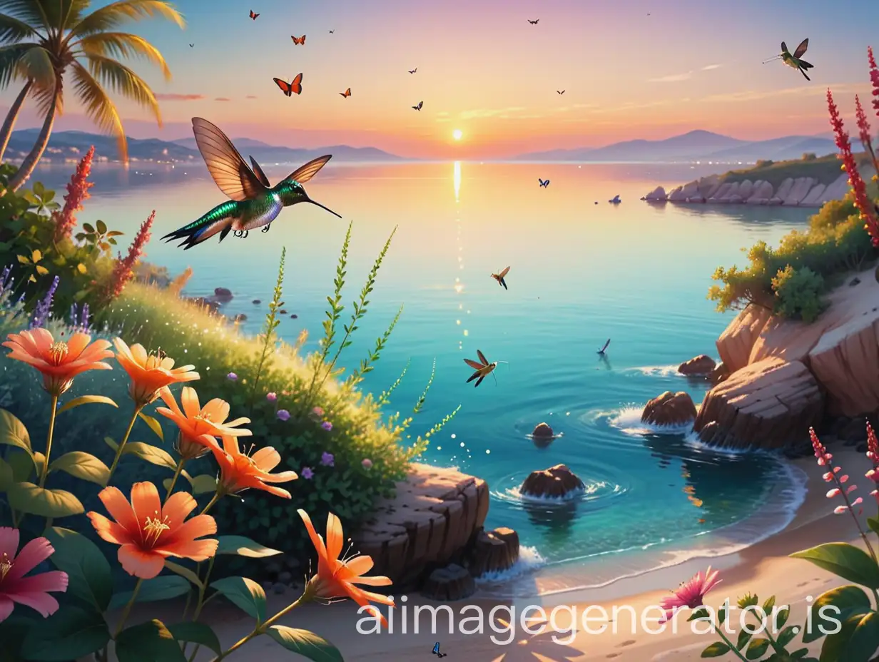 Serene-Sunset-Landscape-with-Butterfly-Hummingbird-and-Dragonfly-Near-the-Sea