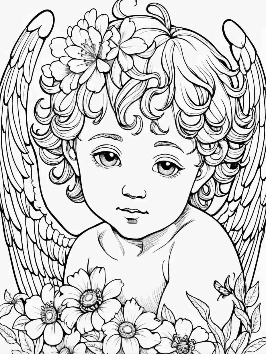 Cherubic Angel with Wavy Hair and Flowers Coloring Page