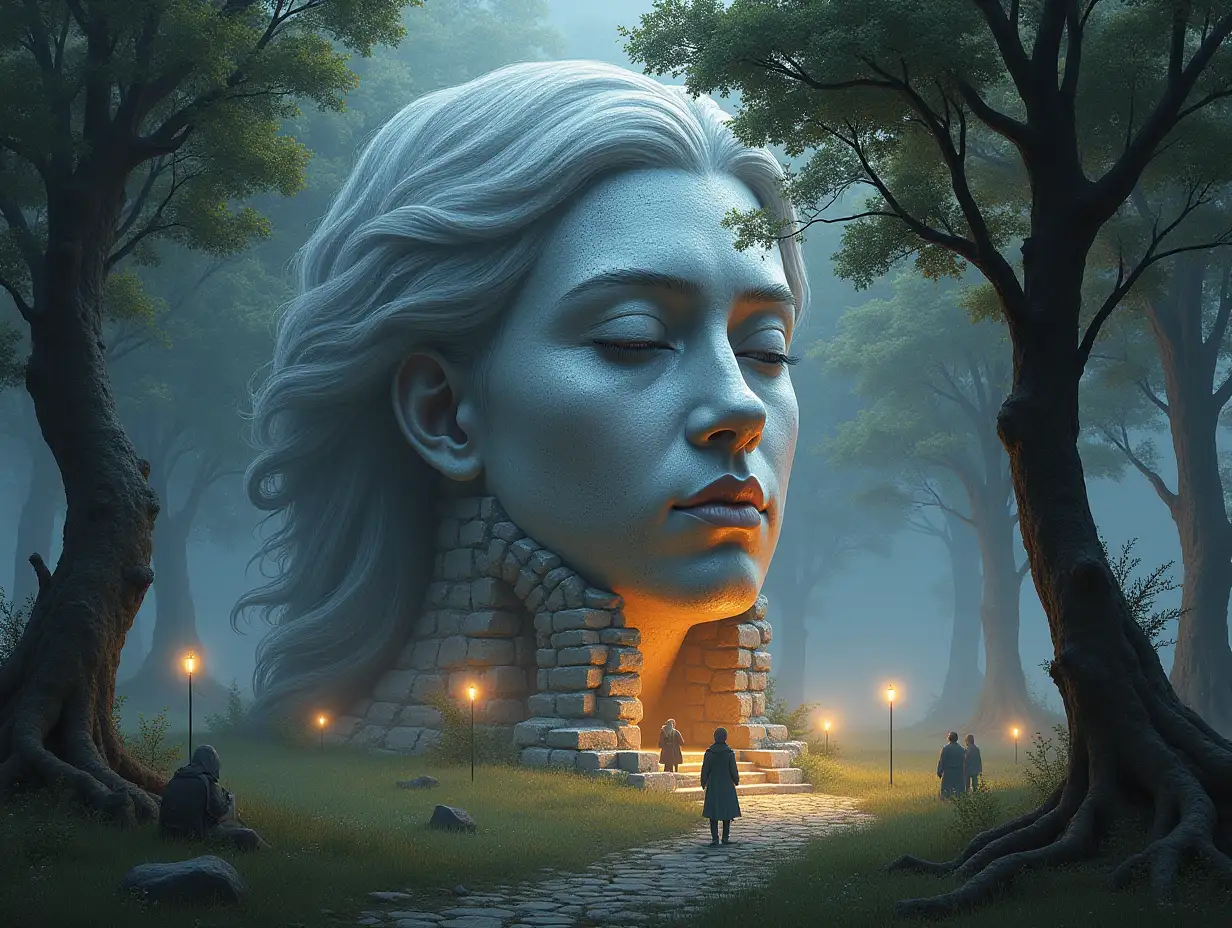 Creating a digital painting of a face with hair transformed into a building with silver stone and illuminated trees with roots and lanterns and people on a meadow it sees at noon