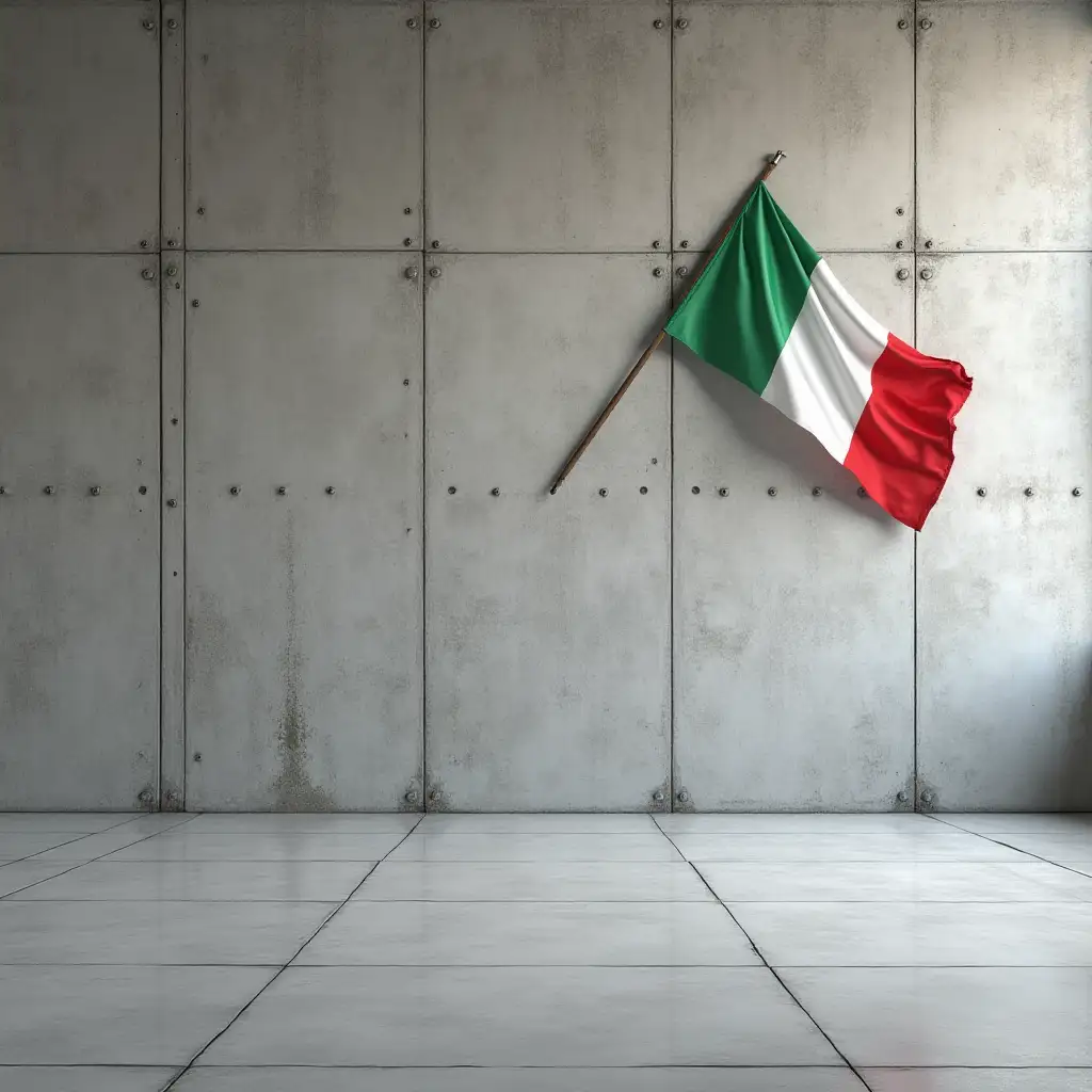 A photorealistic image of a large, flat, empty concrete floor taking up most of the bottom of the image, with a concrete wall with Itay flag in the background