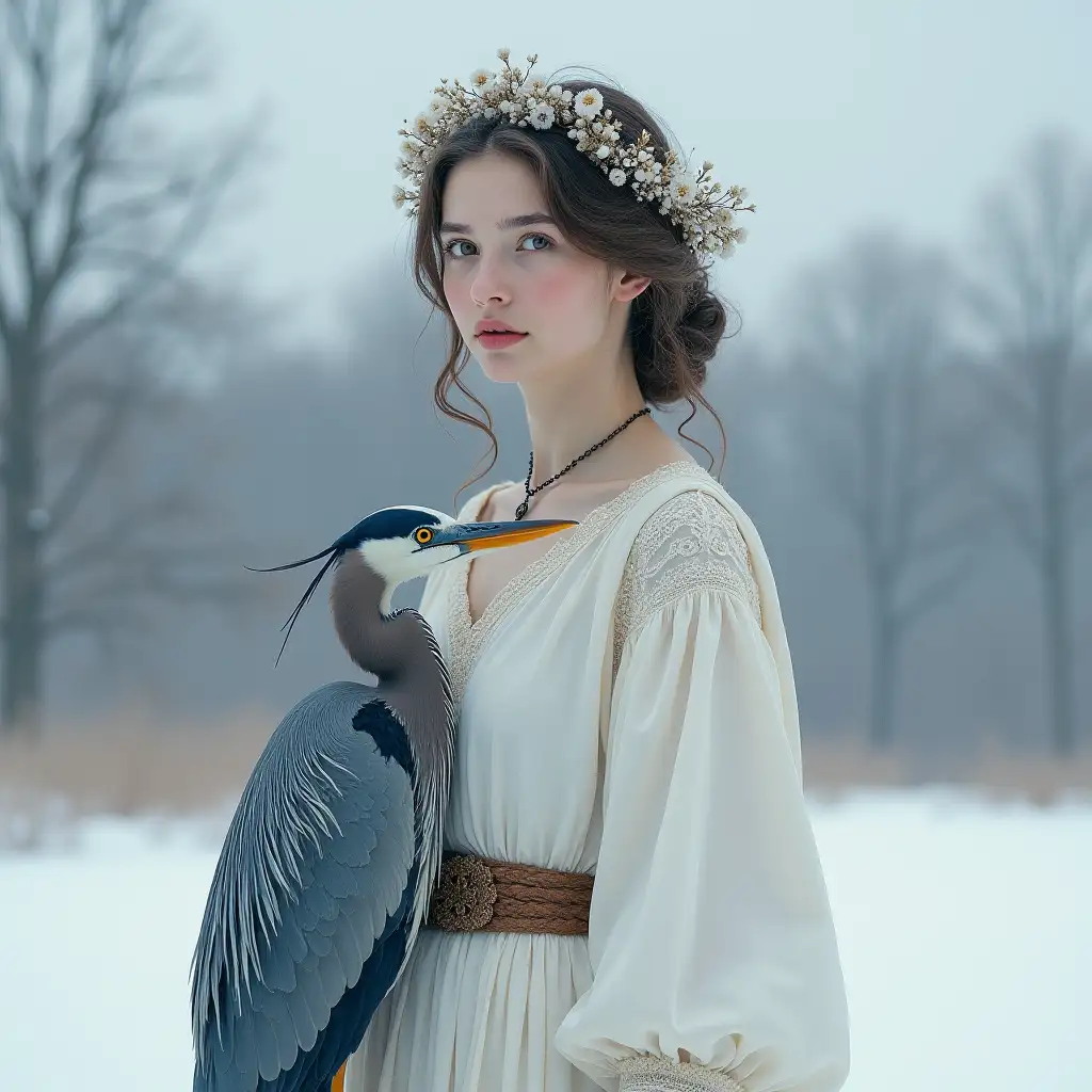 Beautiful-Young-Woman-in-Roman-Clothing-with-Blue-Heron-in-Winter-Landscape