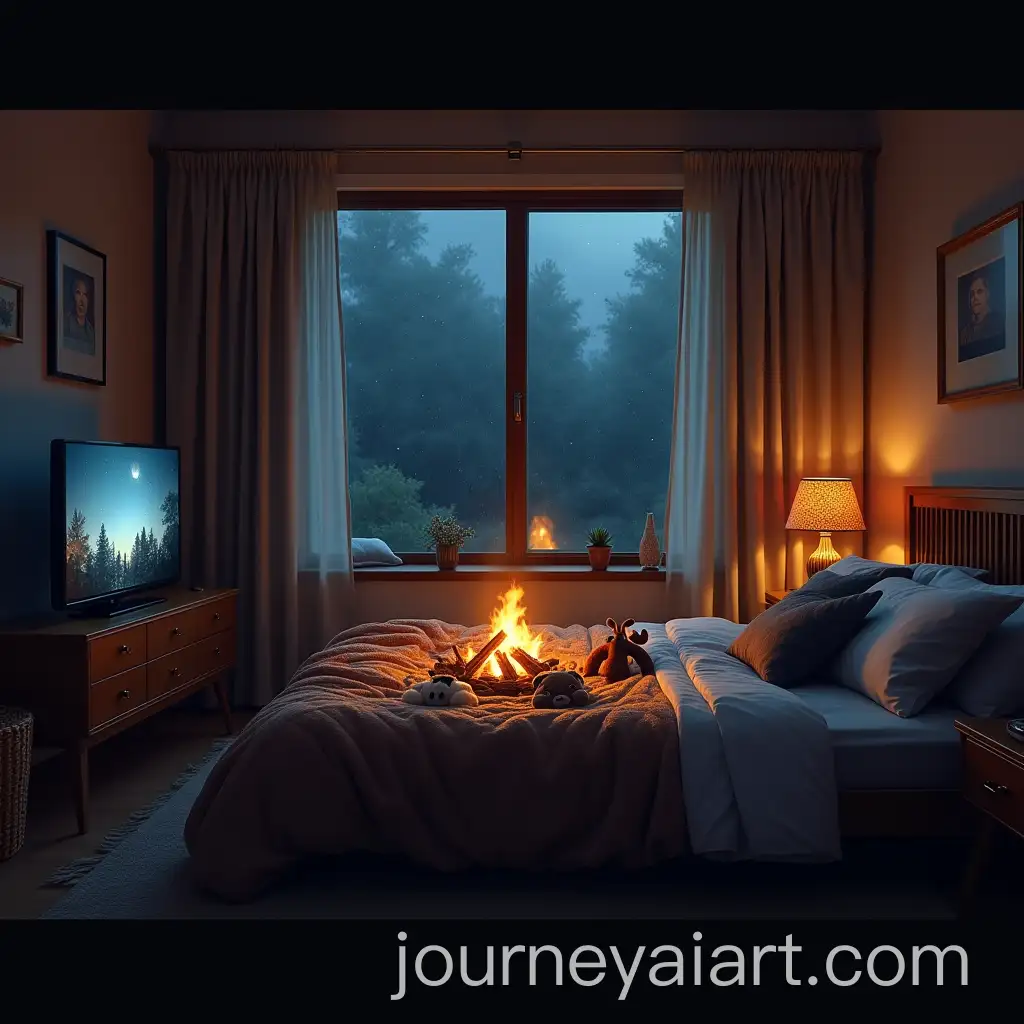 Cozy-Rainy-Night-Retreat-with-Campfire-and-Stuffed-Animals