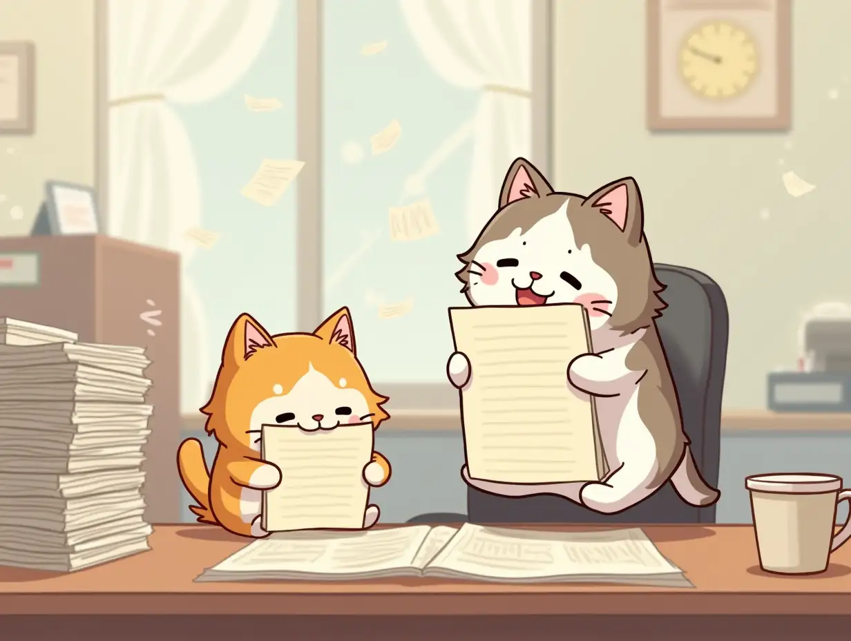 kawaii  chibi fluffy cat sitting at a desk in the office, tall stacks of papers on the table and paper folders scattered in the background, a cat runs with a tall stack of papers in his hands, sheets of paper in the air, a coffee mug on the table, paint in anime style