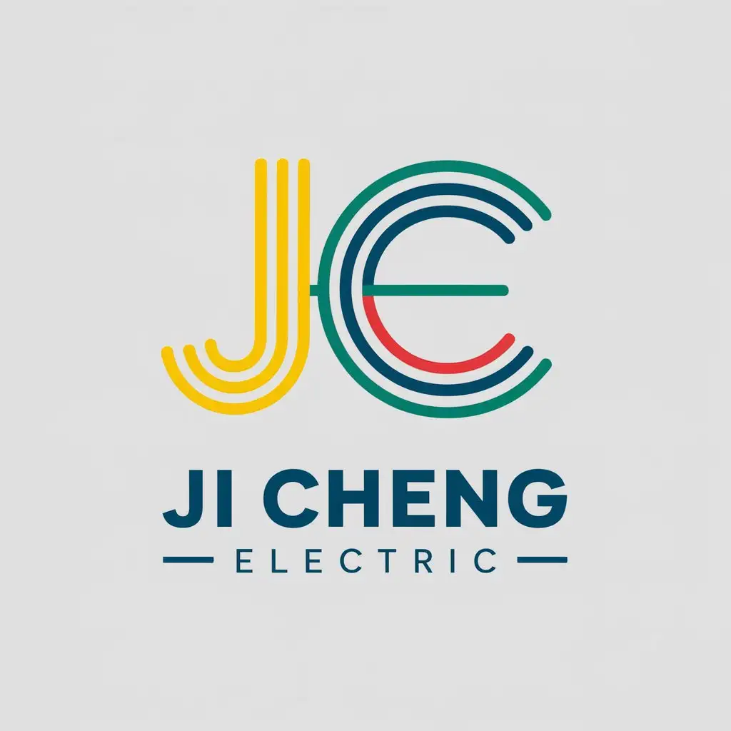 a vector logo design,with the text "Ji Cheng Electric", main symbol:JC，J by yellow and green bi-color line,C,upper,left,down part is by yellow,green,red,the middle part by blue,Moderate,clear background