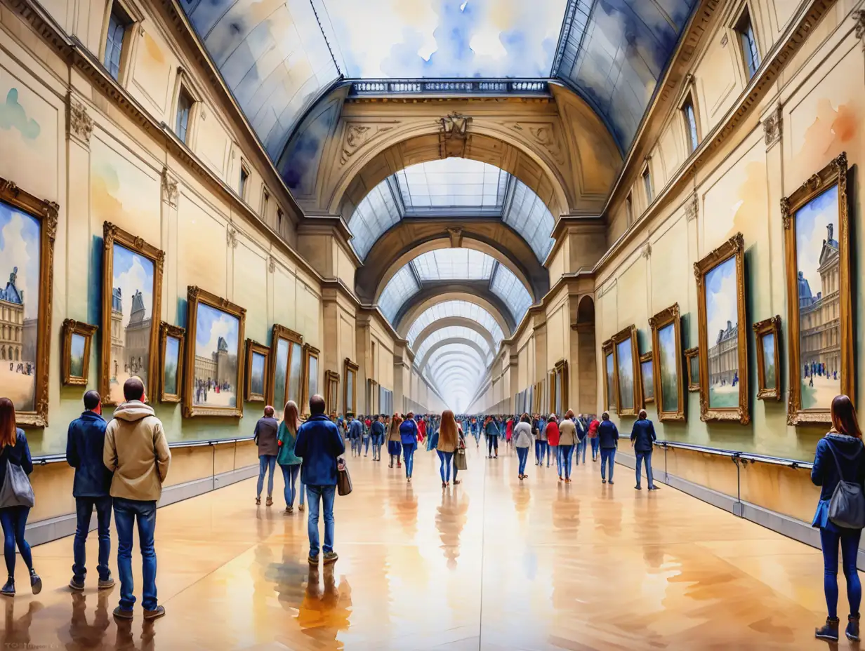 Generate an impressionist style watercolor oil painting view of the grand gallery of the Louvre with all the paintings hanging on the wall, people are looking at the paintings. use a palette of 16 shades of beige