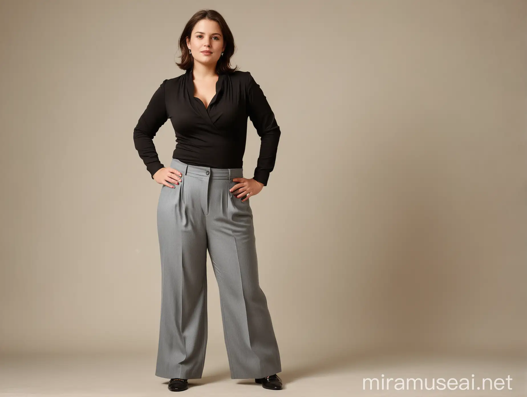 Chubby French Lady in Flared Tailored Pants Standing