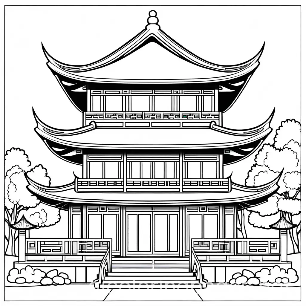 chinese house, Coloring Page, black and white, line art, white background, Simplicity, Ample White Space. The background of the coloring page is plain white to make it easy for young children to color within the lines. The outlines of all the subjects are easy to distinguish, making it simple for kids to color without too much difficulty