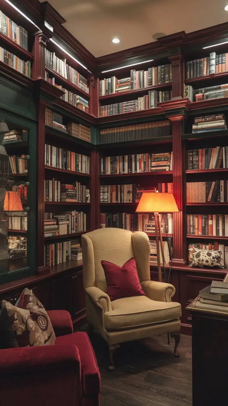 A cozy home office resembling a library, floor-to-ceiling bookshelves filled with books, comfortable wingback chair, warm reading lamp, dark wood accents, rich colors (burgundy, deep green), classic and intellectual, traditional library luxury, warm and inviting lighting, humorous, empathetic, luxury home office.