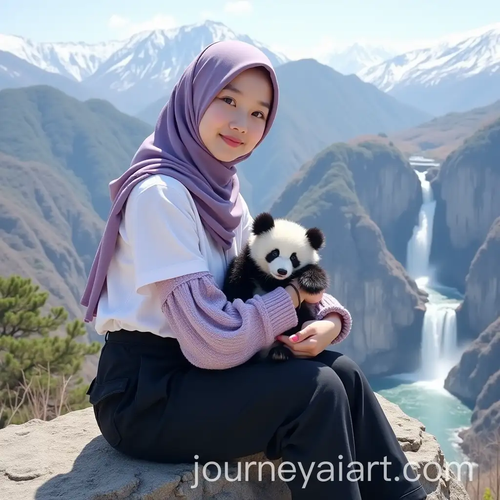 Korean-Girl-with-Baby-Panda-on-Mountain-Peak-with-Scenic-Views