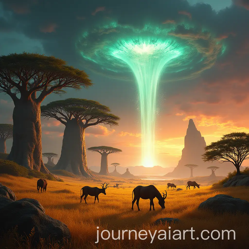 Magical-African-Mythological-Realm-at-Dawn-with-Floating-Islands-and-Sacred-Waterfalls