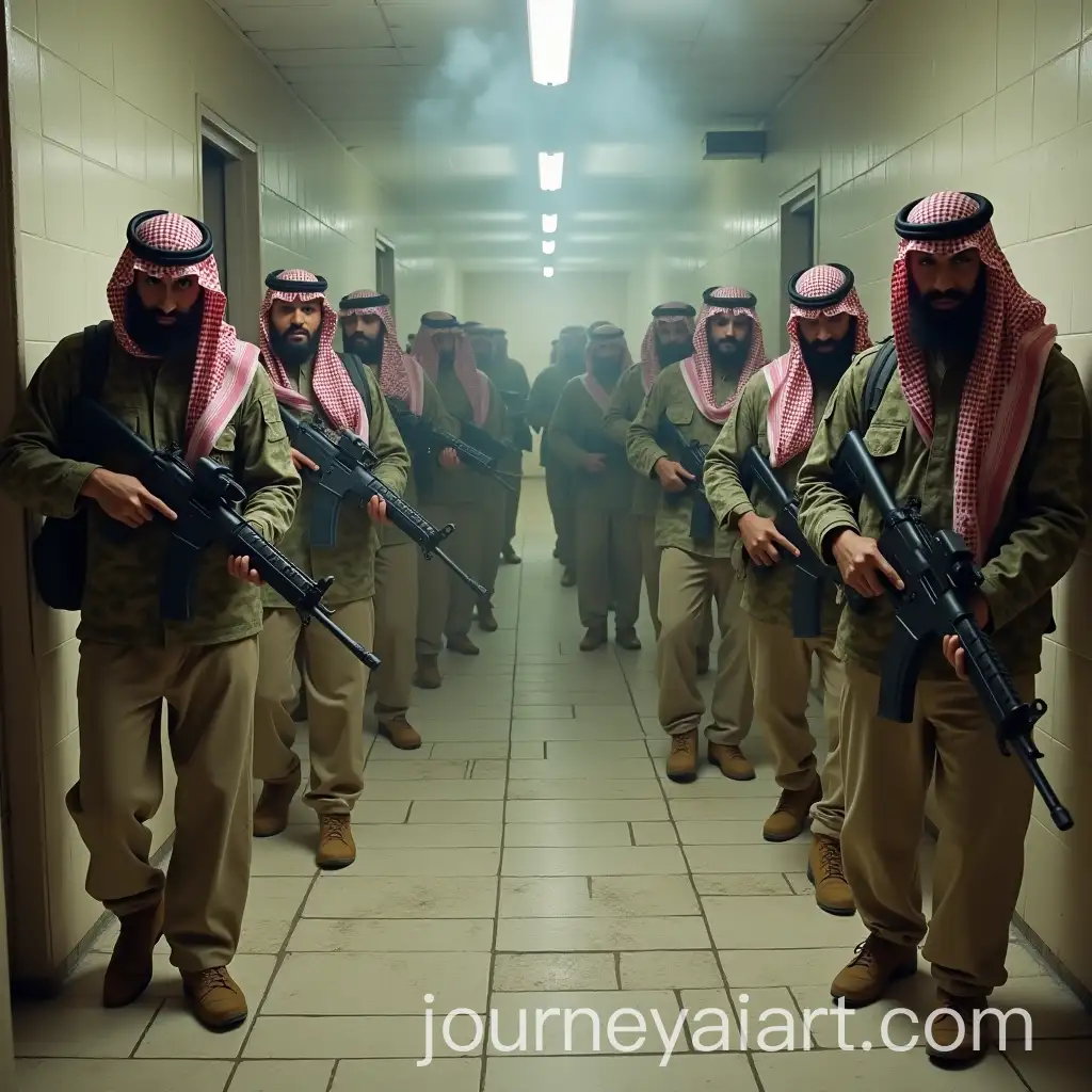 Ten-Athletic-Arab-Men-in-Military-Gear-with-AK47-Rifles-in-Underground-Prison-Explosion